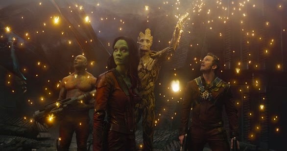 Marvel's Guardians Of The Galaxy..L to R: Drax the Destroyer (Dave Bautista), Gamora (Zoe Saldana), Groot (voiced by Vin Diesel) and Peter Quill/Star-Lord (Chris Pratt)..Ph: Film Frame..?Marvel 2014