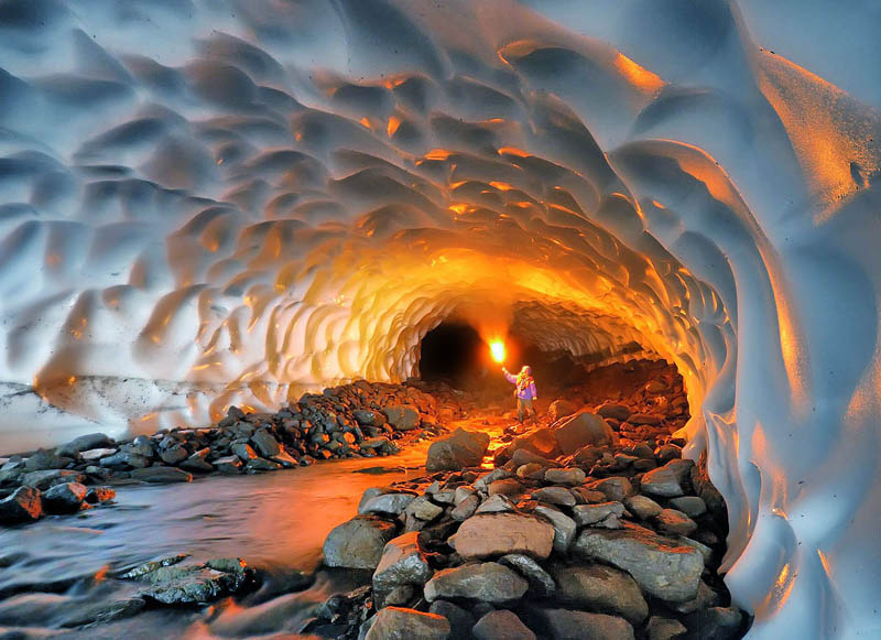 Snow tunnel near mutnovsky kamchatka russia