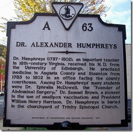 Dr. Alexander Humphreys  Marker A-63  City of Staunton, VA
