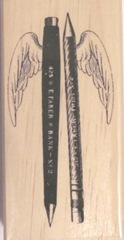winged pen pencil rubber stamp