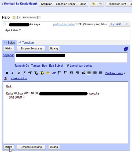 Tampilan mengirim email balasan di Gmail