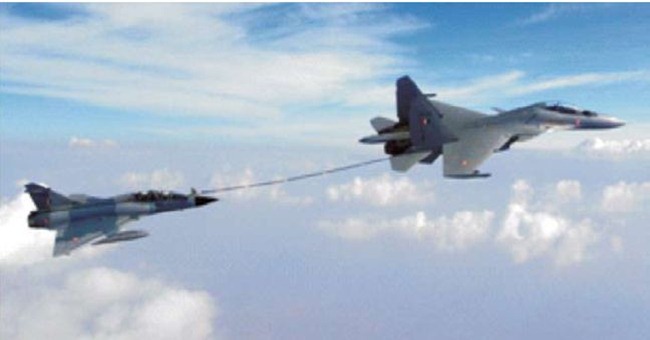Indian Air Force Sukhoi Su-30 MKI performs buddy-buddy refuelling with a Mirage-2000 fighter aircraft