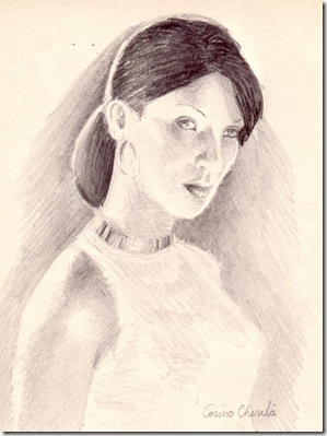 Portret de femeie desenat in creion