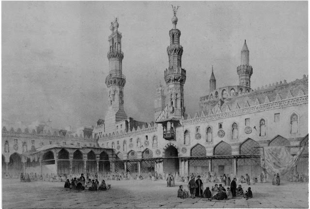 Al-Azhar mosque, main courtyard, 10th-18th centuries.Students congregate around columns, highlighting the mosque's function. Prisse's focus on the structure as one adjusted and renovated through various epochs provides insight into the evolution of Cairo and the position of theological, scholarly activity in the cityscape.