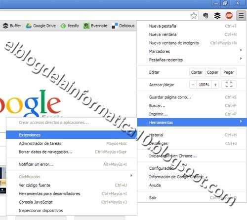 Opción Extensiones en Google Chrome