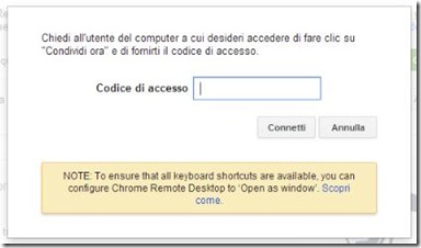 Chrome Remote Desktop inserire codice accesso per collegamento remoto