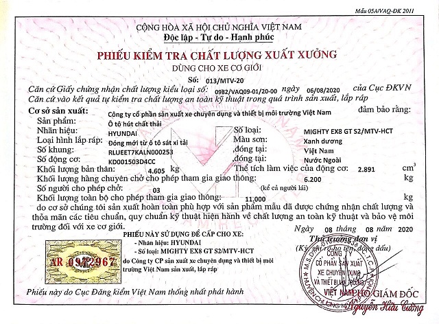 Phiếu kiểm tra chất lượng xuất xưởng xe hút Hyundai EX8 GTS2 Phiếu kiểm tra chất lượng xuất xưởng xe hút Hyundai EX8 GTS2