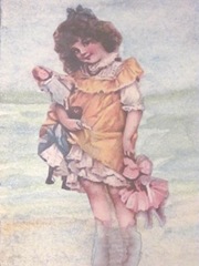 ATC watercolored w girl dolls at the beach