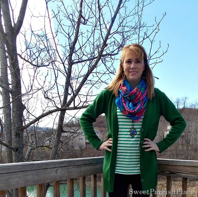 green cardigan , green stripes, floral scarf, brown boots3