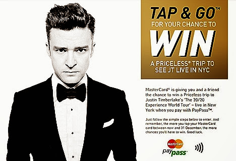 JUSTIN TIMBERLAKE MASTERCARD PAYPASS CARD PRICELESS EXPERIENCE NEW YORK  Madison Square Garden WORLD TOUR CONCERT Luxury hotel stay top restaurants dinner private tour PRIZE