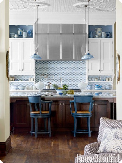 white cabinets blue accents kitchen