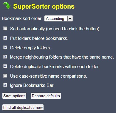 Tampilan jendela Options ekstension SuperSorter di Google Chrome