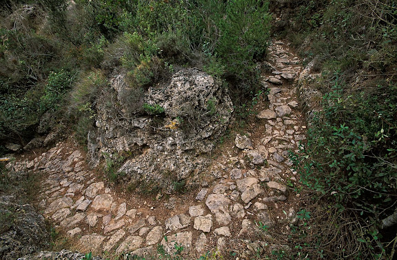 Camí vell de Vilaplana a la Mussara, camí de ferradura, revolt empedrat Serra de la Mussara, Muntanyes de Prades Vilaplana, Baix Camp, Tarragona