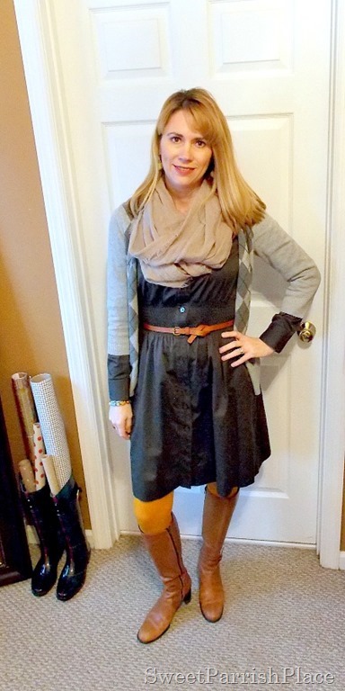 grey dress with mustard tights and brown boots1