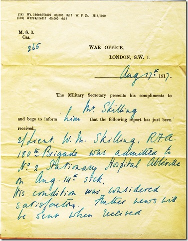 17 Aug 1917 War Office Letter