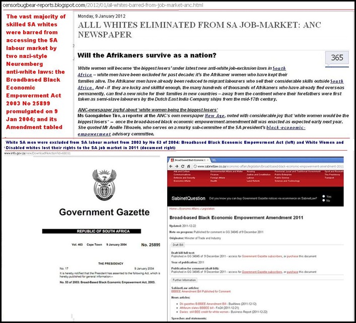 ALL WHITES BARRED FROM SA LABOUR MARKET 9 JAN 2012