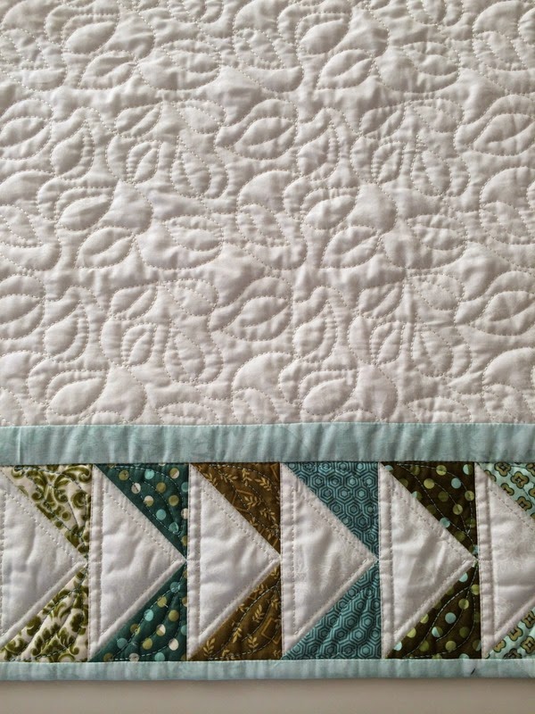 Close-up of the quilting pattern. The flying geese border is digitized in 6D Design Creator and sewn in the hoop.