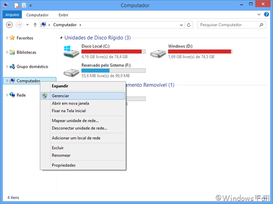 No Explorador de arquivos, clique com o botão direito em Computador, depois clique em Gerenciar. No Explorador de arquivos, clique com o botão direito em Computador, depois clique em Gerenciar.