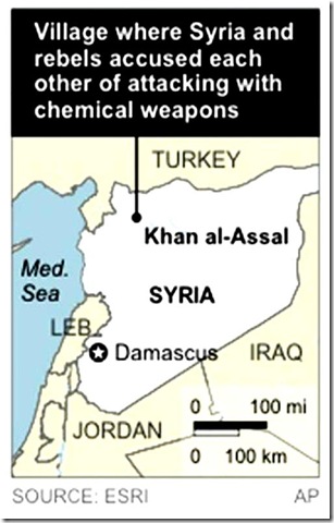 Map locates Khan al-Assal, Syria, where the government and rebels accused each other of attacking with chemical weapons