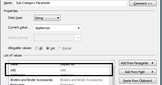 Tableau Tip: Adding an “All” filter option to a string parameter