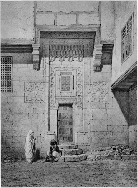 Bayt al-Emir, outer door to the harem, 17th century. As pointed out by Prisse, harem entrances, although elegantly adorned by carved geometnc designs and muqamas, are quite modest so as not to invite strangers into this private space, This depiction includes a guard, presumably a eunuch to protect the inhabitants.