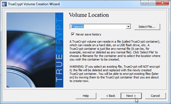 Menentukan lokasi file volume drive di program TrueCrypt