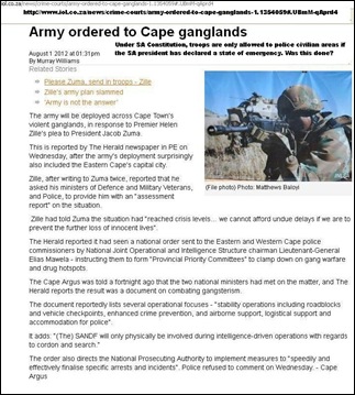 SADF ORDERED TO POLICE CIVILIAN AREAS WITHOUT PRESIDENT DECLARING STATE OF EMERGENCY JULY 31 2012