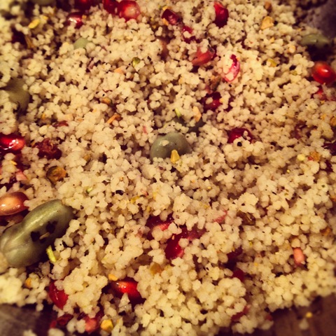 #334 - Moroccan couscous with pomegranate seeds, broad beans and pistachios