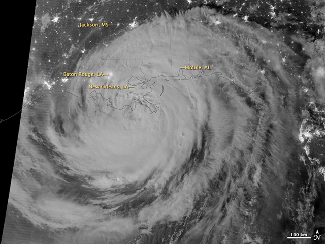 Early on 29 August 2012, the Visible Infrared Imaging Radiometer Suite (VIIRS) on the Suomi-NPP satellite captured this nighttime view of Hurricane Isaac and the cities near the Gulf Coast of the United States. The image was acquired by the VIIRS 'day-night band', which detects light in a range of wavelengths from green to near-infrared and uses light intensification to enable the detection of dim signals. In this case, the clouds of Isaac were lit by moonlight. NASA image by Jesse Allen and Robert Simmon