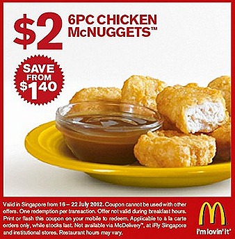 MCDONALDS Chicken $2 Mcnugget 6 piece offer curry sauce sweet and sour barbarque box July offer french fries coke not included ala carte promo deal valid McDonalds Singapore outlets island wide dine-in takeaway