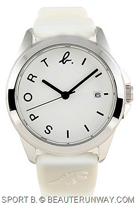 AGNES B. SPORT B. rubber wrist watches features watch dials with classic “b. logo” and “SPORT” on light stainless steel watchcases soft rubber watchstraps silver watchcase white watch dial