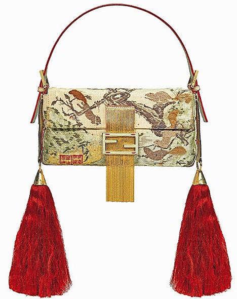 FENDI CHINA BAGUETTE BAG 2008 Great Wall Of China iconic gold beaded sequins red tassel designs double FF sequins double F gold matt leather clasp calf skin, pony hair, jeweled tone peekaboo satchel b-fab bag