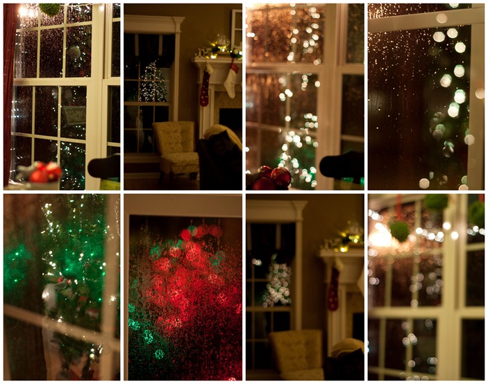 Christmas lights on rainy night