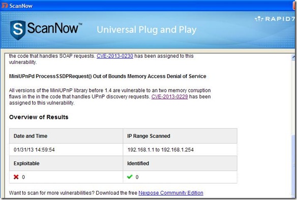 ScanNowUPnP risultato scansione vulnerabilità UPnP