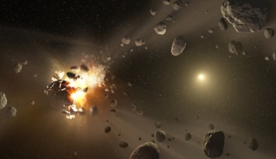 ilustração de uma colisão entre asteroides