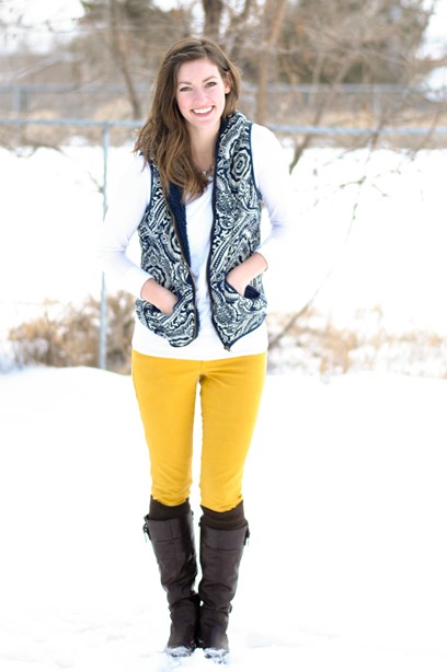 mustard skinnies + patterned vest + boots