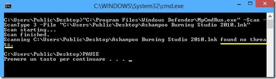 Finestra DOS dei risultati di scansione di Windows Defender