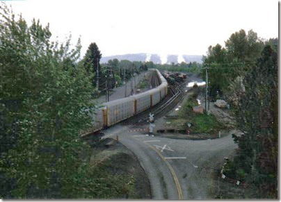 View of Rocky Point Yard from the Weyerhaeuser Woods Railroad (WTCX) Cowlitz River Bridge at Kelso, Washington on May 17, 2005