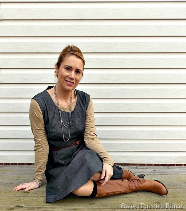 Grey denim dress with brown boots4