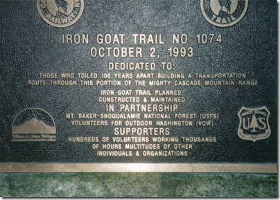 Iron Goat Trail Dedication Plaque at Martin Creek Trailhead in 1998