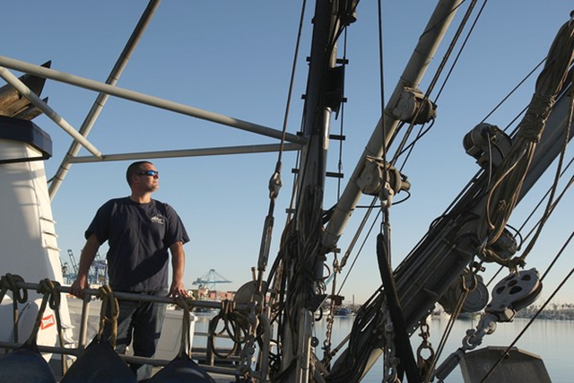Corbin Hanson aboard the fishing boat Eileen at Terminal Island, 5 January 2014. The biggest sardine crash in generations has made schools of the small, silvery fish a rarity on the West Coast. The decline has prompted steep cuts in the amount fishermen are allowed to catch, and scientists say the effects are probably radiating throughout the ecosystem, starving brown pelicans, sea lions and other predators that rely on the oily, energy-rich fish for food. Photo: Gary Friedman / Los Angeles Times