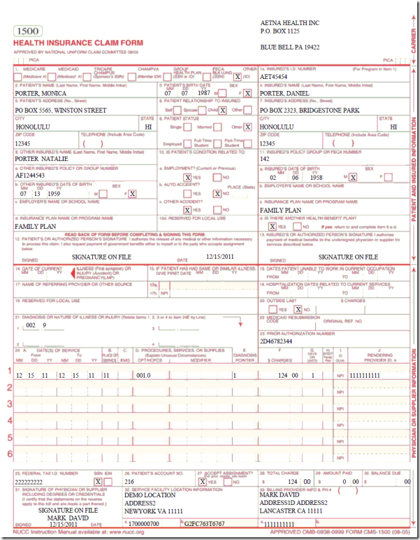 Healthcare IT EMR PMS Sample CMS 1500 and UB04 Form