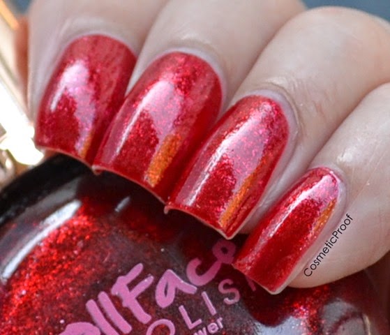 doll face brand nail polish swatch in kissy red 