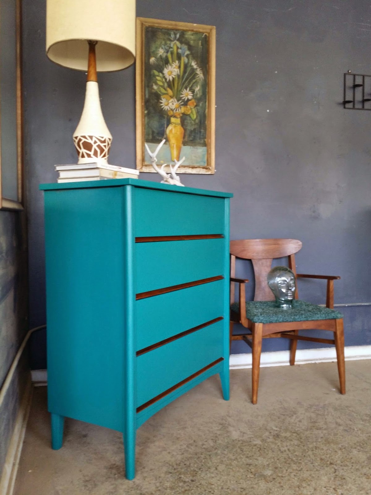 Vintage Ground: Mid Century Teal Highboy Dresser