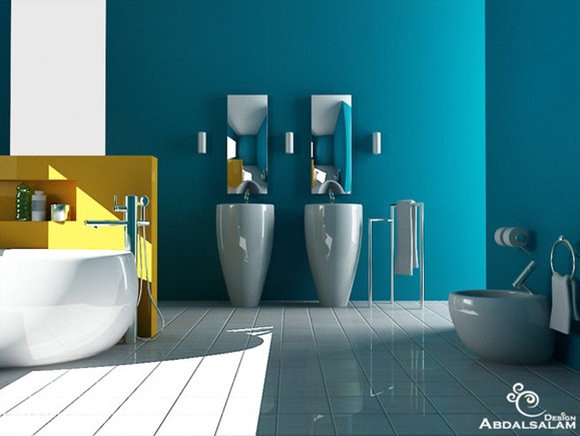Blue-bathroom-Yellow-accent-wall
