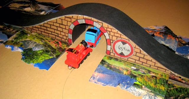 Cardboard train tunnel bridge Tracks for thomas - back of tunnel with mountains