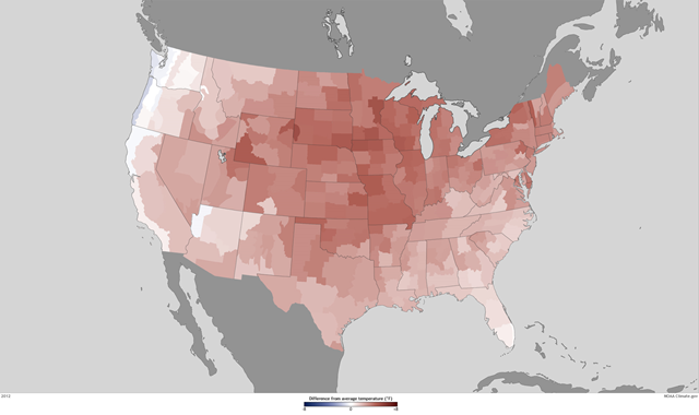 This map shows where 2012 U.S. temperatures were different from the 1981–2010 average. Shades of red indicate temperatures up to 8° Fahrenheit warmer than average, and shades of blue indicate temperatures up to 8° Fahrenheit cooler than average—the darker the color, the larger the difference from average temperature. Map by NOAA climate.gov team, based on Climate Division Data from the National Climatic Data Center. climatewatch.noaa.gov