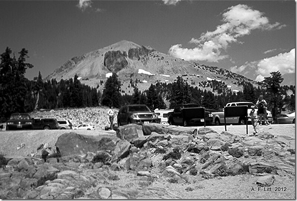 Lassen Peak from Bumpass Hell Parking Lot, Lassen Volcanic National Park, California.  July 2004.