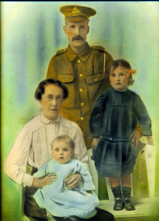 William Hullock with young family. His wife Mary has baby Cicely and Doris is standing. I find this intriguing as it seems to be a painting based on a photo almost. The appearance of Cicely suggests an age of about 8 months and that could correspond with a Christmas 1916 leave from the army for William, if that was possible. I think very unlikely and therefore my supposition is that it was produced by an artist from one or more photos as a composite with William still stationed in India. It is a large portrait and was elaborately mounted in a heavy frame with chain and probably had pride of place at some point. What a tough time for such a young family! There can't have been much father/daughter bonding, particularly for my mother who wouldn't have 'known' her father for quite some time.