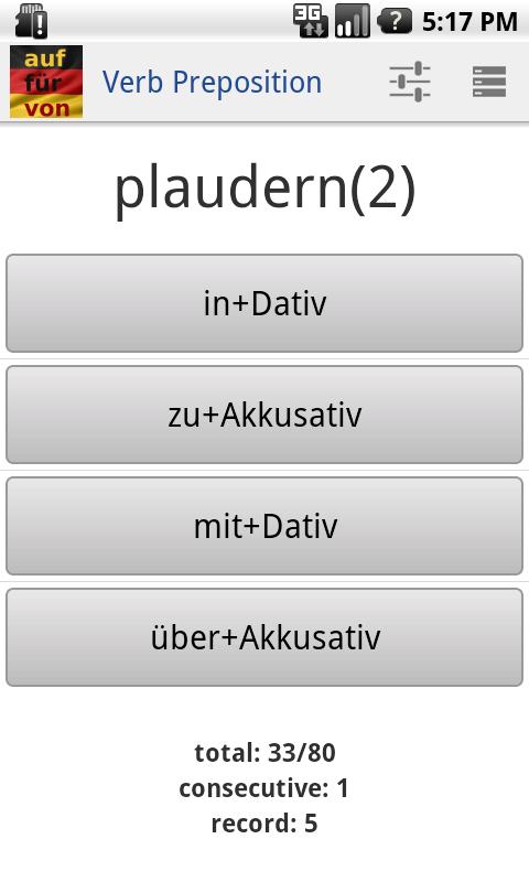 German Verb Prepositions Quiz Screen 2